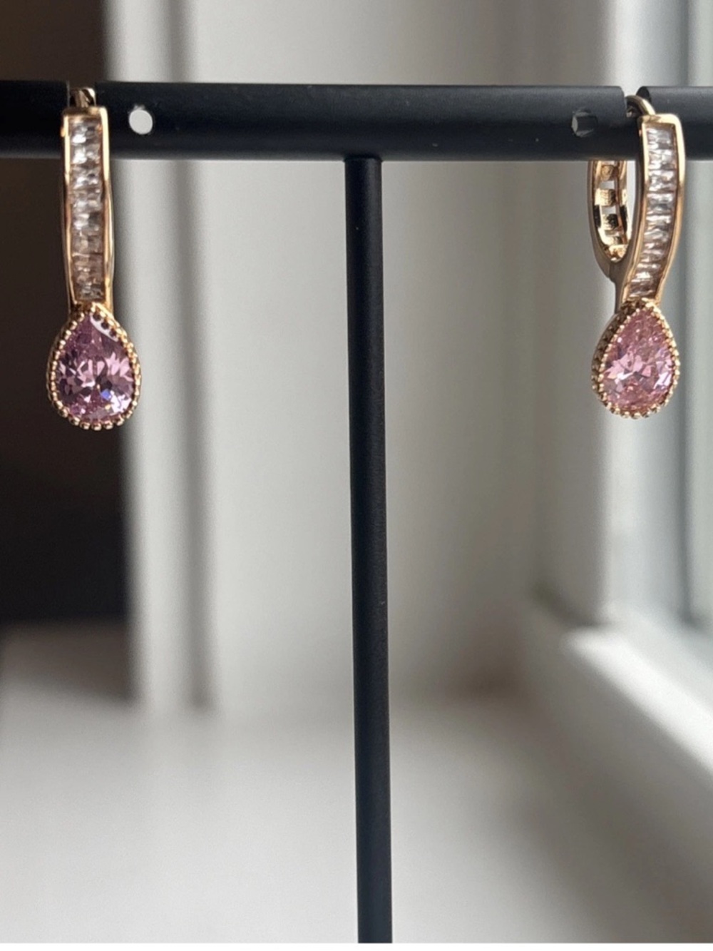 Rose Gold Plated Pink CZ Teardrop Dangle Hoop Earrings Baguette Accent - Picture 7 of 7